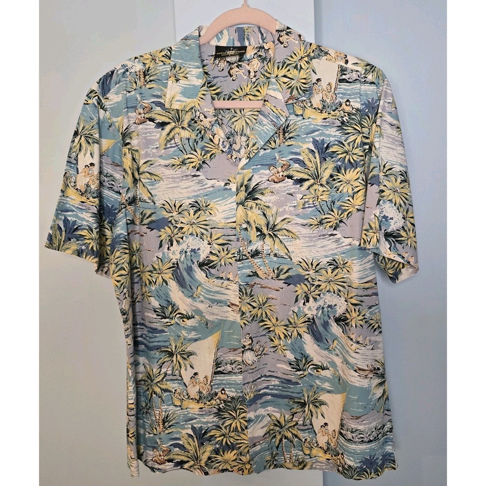 Royal Creations Hawaiian Shirt Mens L Blue Tropical Button Up Aloha Resort